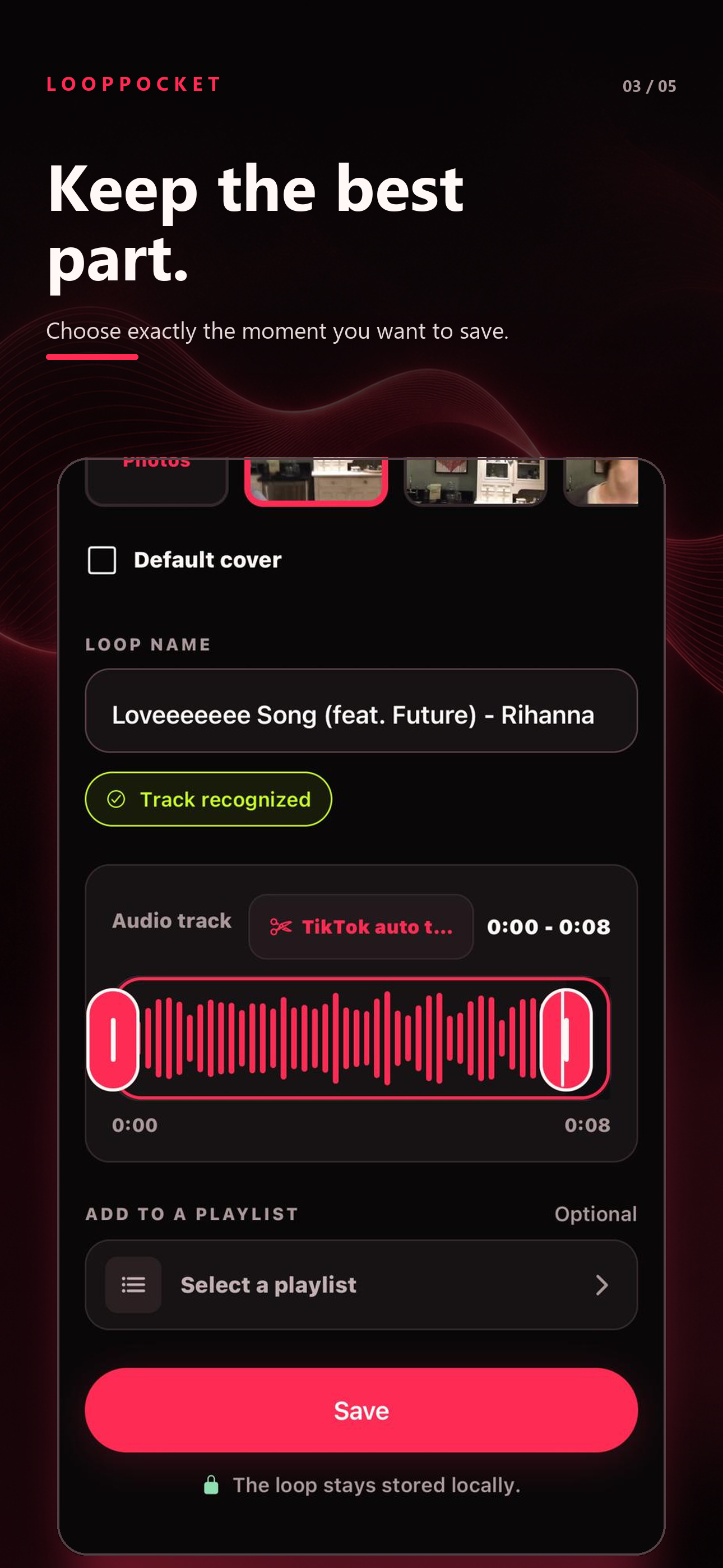 LoopPocket screen for choosing the best part of a video